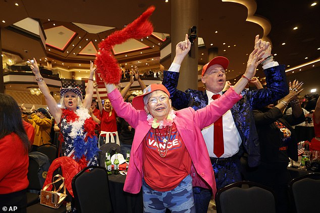 Supporters of Republican presidential candidate former President Donald Trump, Stephanie Smith, left, Sandi Steinbeck, center, and Thomas Brewer, right, cheer during a Republican Party election watch party at the Ahern Hotel, Tuesday, Nov. 5, 2024 , in Las Vegas.