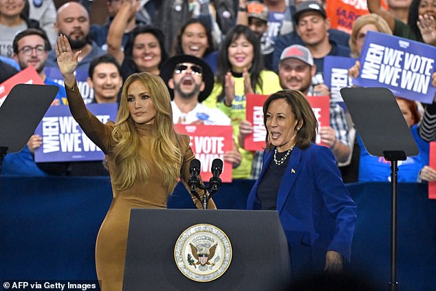 Defeated Democratic candidate Harris, who has yet to give her concession speech, received notable endorsements from celebrities such as Jennifer Lopez (pictured Oct. 31).