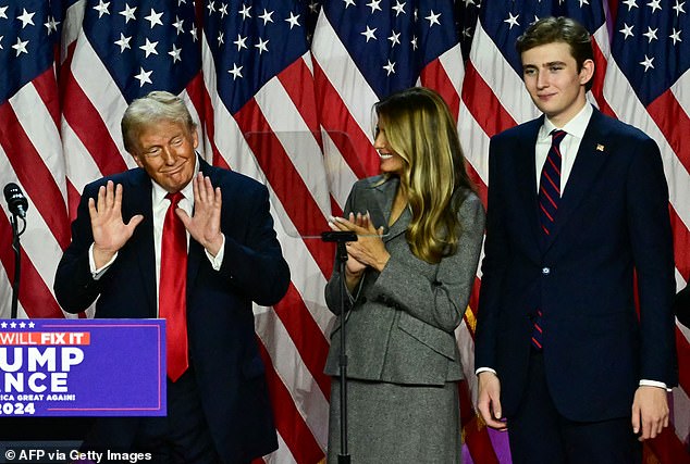 Republicans also won the House, Senate and Congress and Trump is set to win the popular vote (pictured, Trump with wife Melania and son Baron).