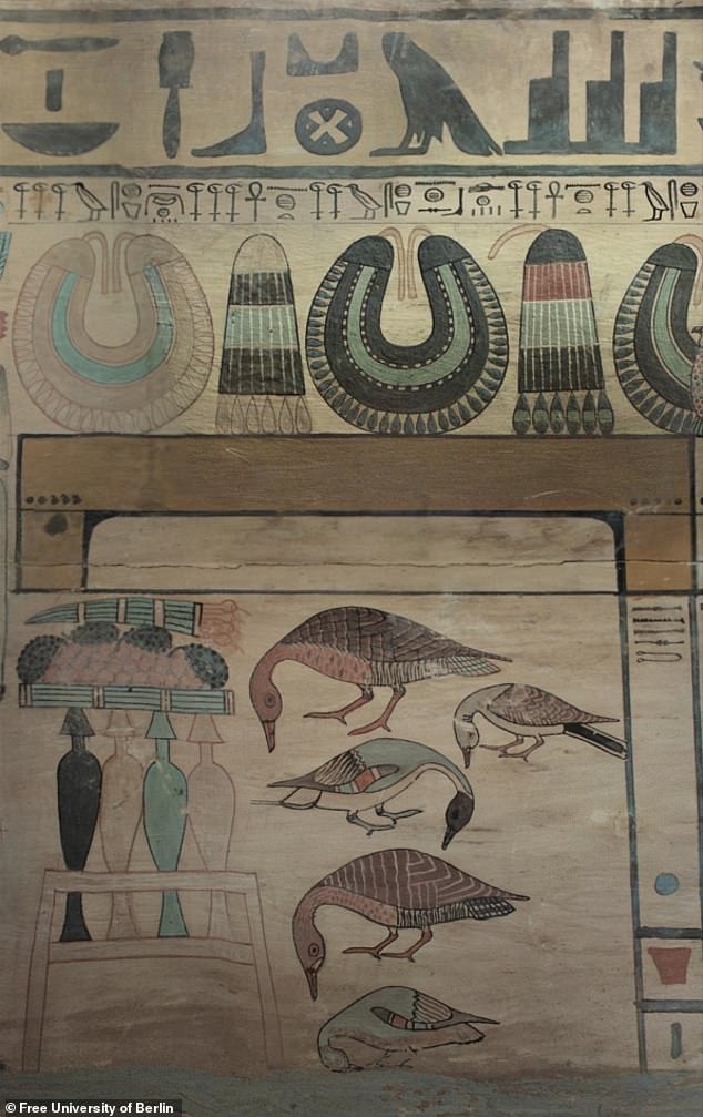 Pictured is a close-up of Idy's outer coffin, showing remarkable artwork made almost 4,000 years ago.