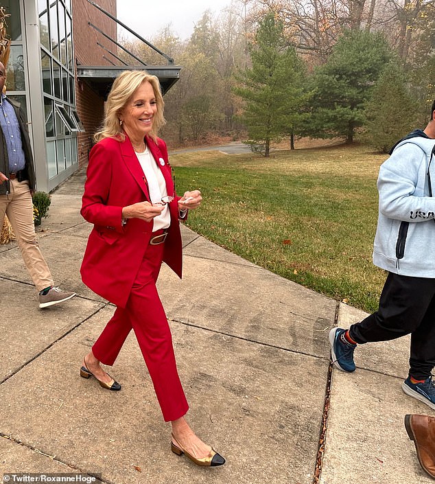 Jill Biden was seen voting in a bright red pantsuit, causing some to jokingly wonder if she had gone crazy and voted for Donald Trump.