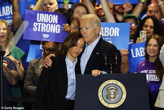 Trump defeated his Democratic rival, Vice President Kamala Harris (pictured, embraced by current US President Joe Biden), in key battleground states.