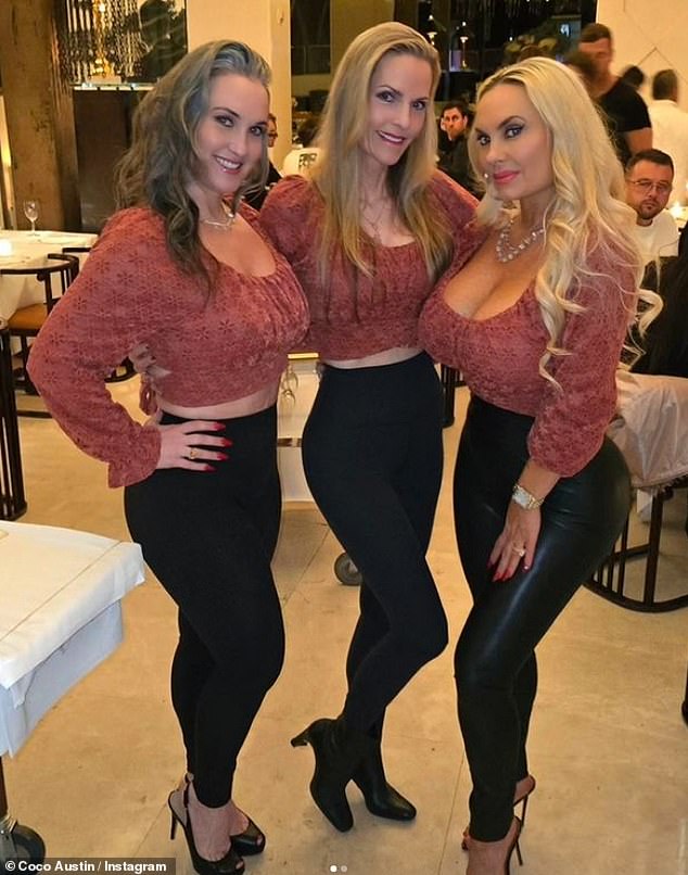 The wife of Law & Order: SVU actor Ice-T hugged her sister Kristy Marie Austin, 44 (far left), and her mother Tina Austin, 61 (center). The ladies wore matching dusty pink crop tops that showed off their bellies. Interestingly, all the women appear to be about the same age.