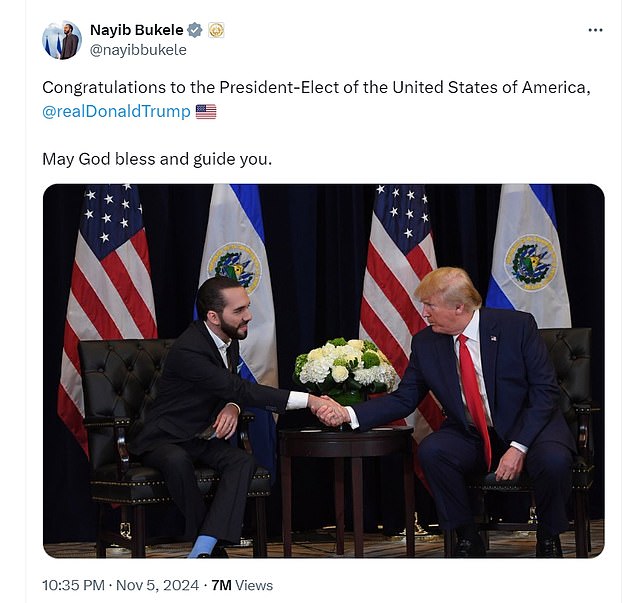 The President of El Salvador, Nayib Bukele, celebrated Donald Trump's victory as the Republican candidate's lead over Vice President Kamala Harris increased.