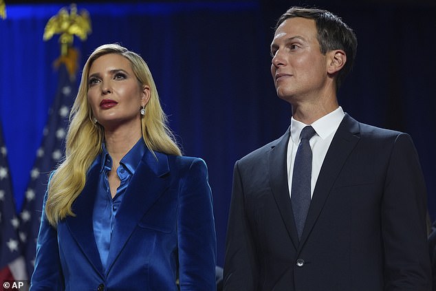 Ivanka, dressed in a glamorous blue velvet pantsuit, joined her entire family last night, as well as her husband Jared, as her father gave a victory speech, accepting his victory in the combative race.