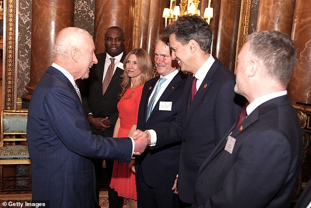 King Charles shakes hands with Energy Security and Net Zero Secretary Ed Miliband (second right)