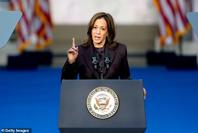 He also expressed support for Harris for the first time in July, just two weeks after she said it was time to move on from Biden in the scathing New York Times article; Harris seen Wednesday in Washington DC