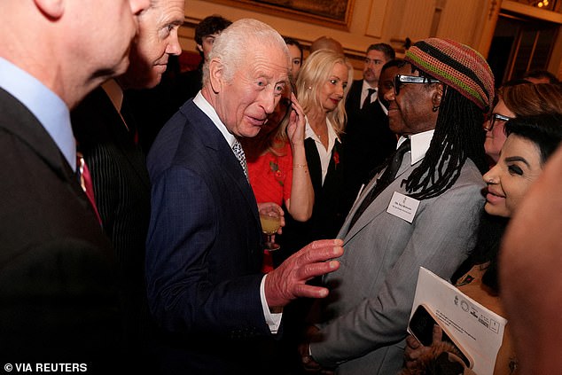 King Charles speaks with Nile Rogers during an international sustainability reception at Buckingham Palace in London, Britain, Nov. 6, 2024.