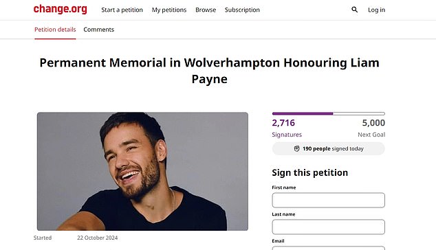 A Change.org petition has been launched for a permanent memorial in Wolverhampton in honor of the late Liam Payne.