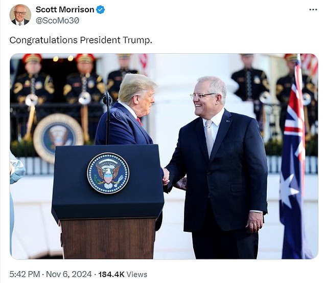 Morrison congratulated Trump on his election victory in a post for X (pictured)