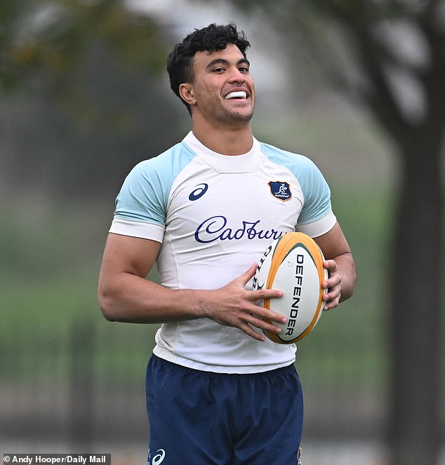 The 21-year-old (pictured training with the Wallabies in England this week) will be named in the starting side at outside centre.