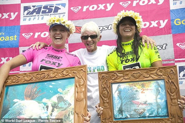 Stephanie Gilmore is pictured (left) with Phyllis O'Donnell (centre) after winning the Roxy Pro Women's Final at Snapper Rocks on the Gold Coast in 2005.