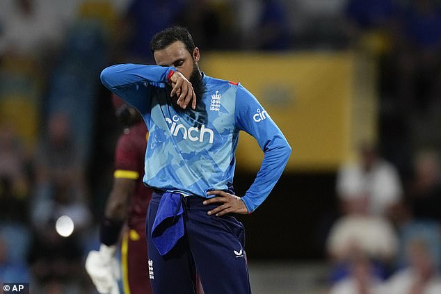 Adil Rashid reacts during England's heavy defeat at Kensington Oval in Barbados