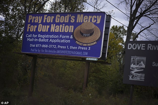 A voting advertisement targeting the Amish population of Lancaster County is displayed on Tuesday, Oct. 15, 2024, in Strasburg, Pennsylvania.