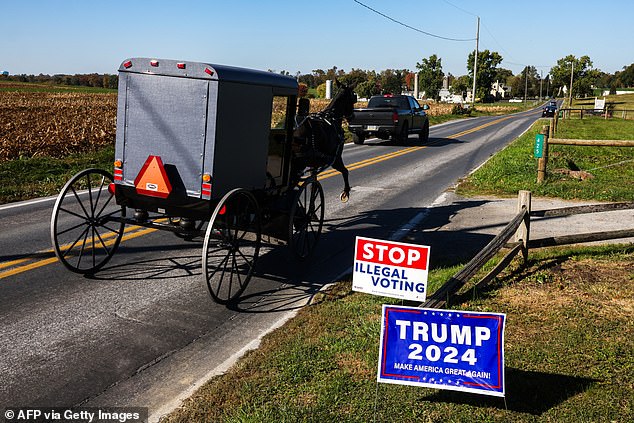 An Amish horse-drawn buggy passes by signs that say "Stop illegal voting" and "Triumph 2024" Signs in Strasburg, Pennsylvania.