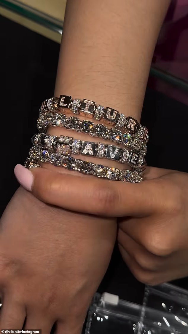 On Wednesday, she appeared to joke about the baby's name while showing off a stack of five diamond bracelets on jeweler Elliot Eliantte's Instagram.