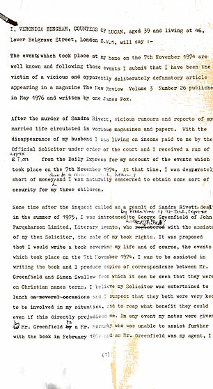 The typewritten letters were discovered by builders working on the family guesthouse in Belgravia that Lady Lucan, who died last year, moved into in 1977. In it, she writes to her lawyers asking them to sue the American magazine The New Review for defamation. a 'defamatory' article