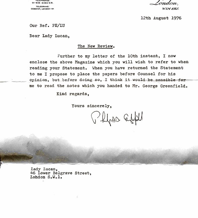 In this letter, Lady Lucan's lawyer responds to her instruction to sue the editors of The New Review.