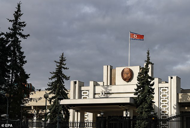 The national flag of the Democratic People's Republic of Korea (DPRK) flies at the embassy building in Moscow, Russia, on October 30, 2024.