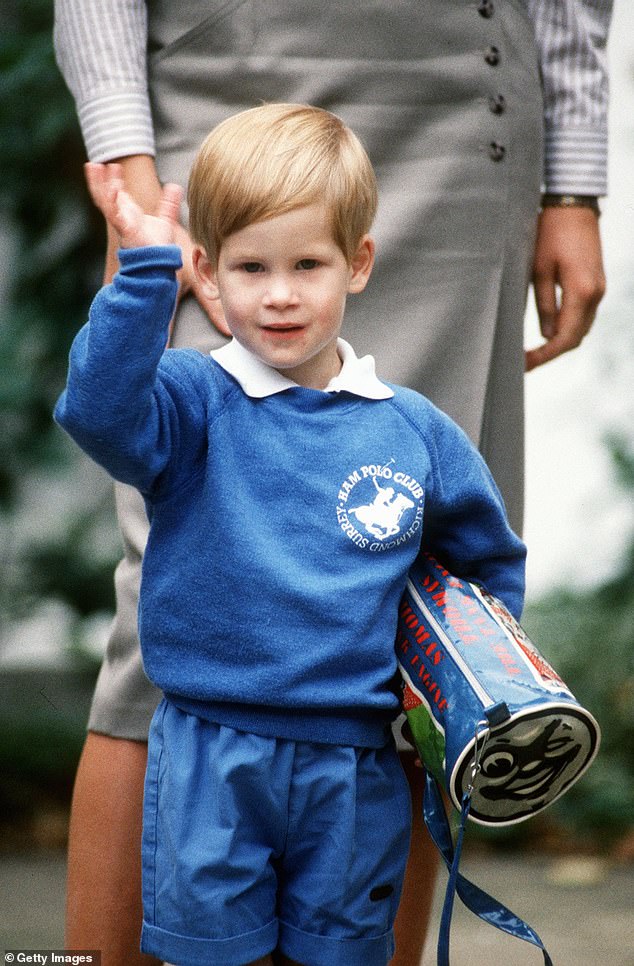 The young Prince on his first day at Kensington Nursery in 1987. His hair is neatly combed to one side.