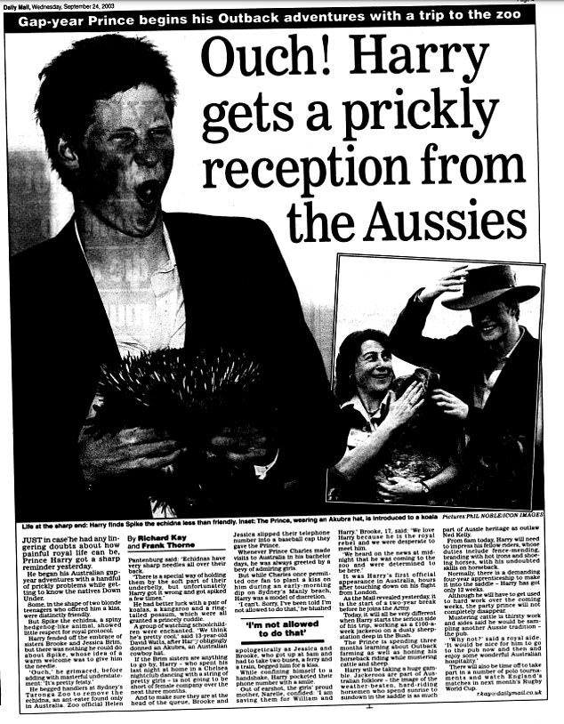 Daily Mail coverage of Prince Harry holding Spike, the spiny echidna, at Taronga Zoo in 2003.