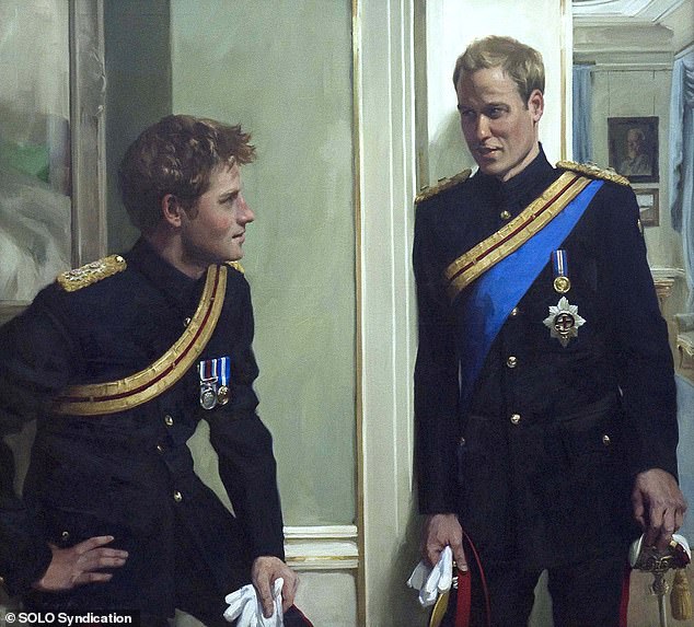 Portrait by artist Nicky Philipps of Harry and William chatting before a Trooping the Color ceremony, which was unveiled in 2010.