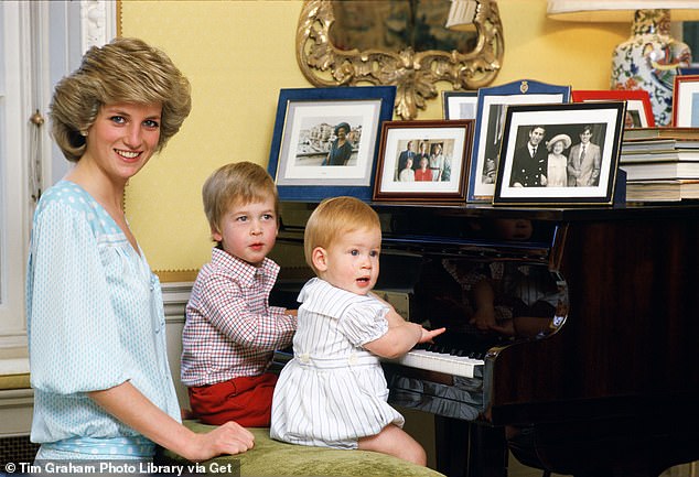 Princess Diana with her two children sat at the piano at Kensington Palace in 1985.