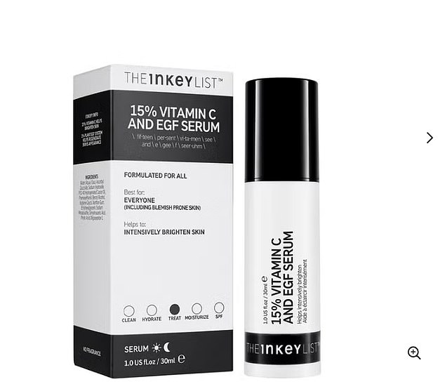 Another low-cost option is The Inkey List 15% Vitamin C and EGF Serum, available at Boots, which costs £15 for 30ml.