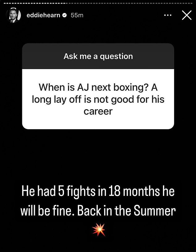 Eddie Hearn took to Instagram to reveal when Joshua plans to return to the ring