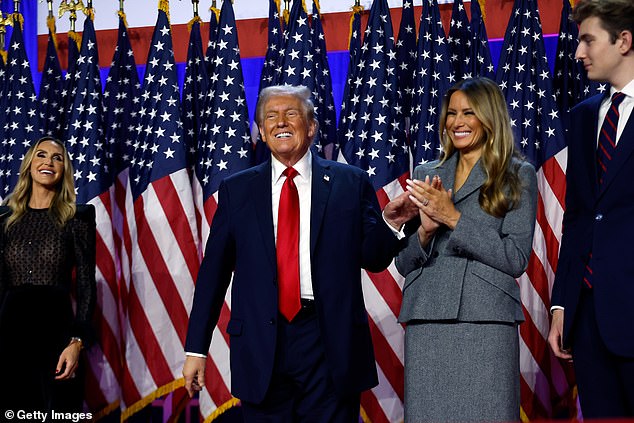 Donald Trump became the first president in more than 130 years to win a second non-consecutive term. (Pictured: Donald, his wife Melania and son Barron on stage in West Palm Beach as Trump gave his victory speech Tuesday night)