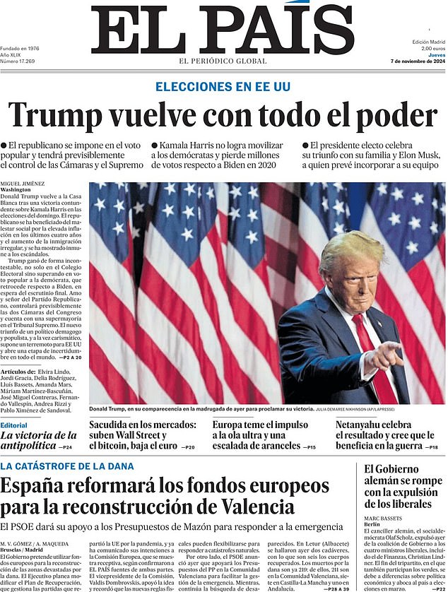 SPAIN: El País, Spain's largest newspaper, focuses on Trump's strengthened mandate starting in 2016, with the Republican Party now having a majority in both chambers and the Supreme Court.