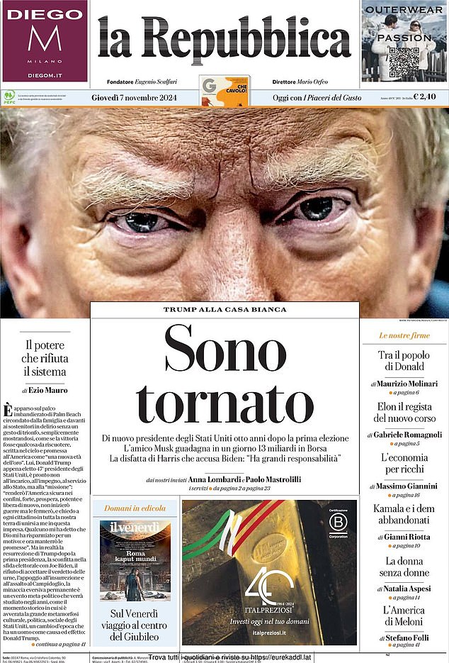 ITALY: The front page of La Repubblica used a photograph of Trump taken in court during his criminal trial in Manhattan, with the headline 