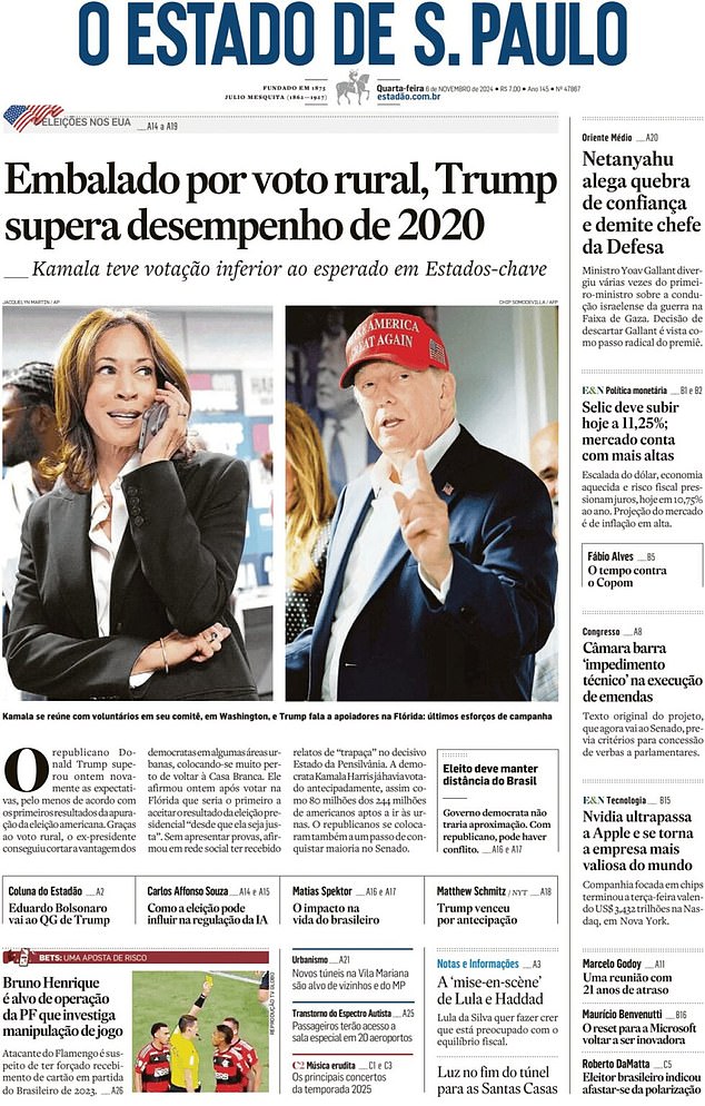 BRAZIL: The State of S. Paulo has as its main title: 'Boosted by the rural vote, Trump surpasses desimpenho de 2020', which means 'Boosted by the rural vote, Trump surpasses his 2020 performance.'