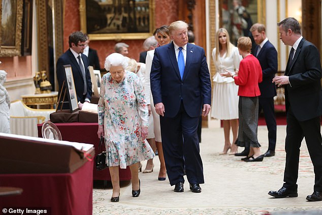 The re-elected president is seen here alongside the Queen during a visit to the UK in 2019. He was challenged for walking in front of Her Majesty.