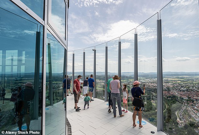 Visitors meet on the visitor platform of the Thyssenkrupp test tower.