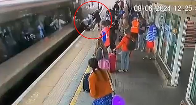 CCTV footage captured the near-miss at Banbury train station in June when a pram with a three-month-old child inside rolled onto the tracks and collided with the Cross Country train.