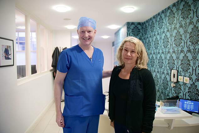 Patient Rebecca Hackworth, 50, pictured with David Allamby, ophthalmologist and director of Focus Clinics in London, who performed her surgery.