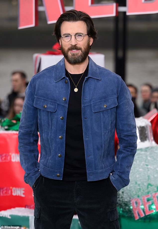 The Captain America star, 43, ditched his usual clean cut for darker, shaggy hair and a full-grown beard on the red carpet, as well as a pair of round, professor-worthy glasses.