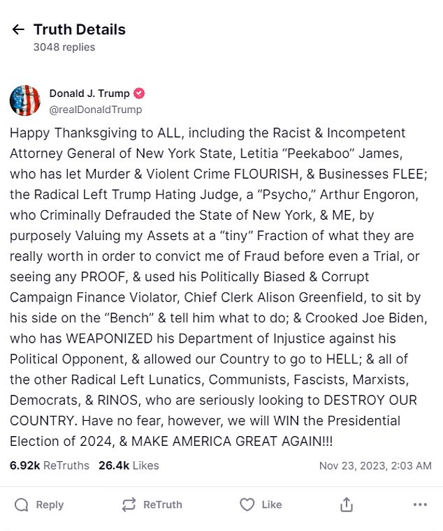 Trump's Truth Social post ridiculed his long list of enemies, including New York Attorney General Letitia James, Engoron, Greenfield and Joe Biden.