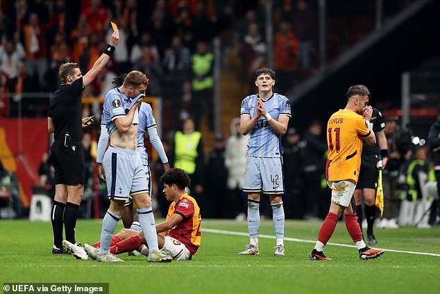 But his night ended in heartbreak after referee Lawrence Visser told him to leave after brandishing a second yellow card following his late challenge on Galatasaray's Gabriel Sara.