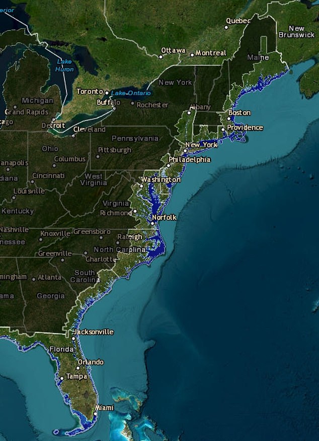 If the Doomsday Glacier and the West Antarctic Ice Sheet melt, global sea levels would rise 10 feet (a rise of only six feet is shown in the photo), flooding coastal cities such as New York, Charleston, Atlantic City and Miami.