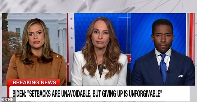 The rant was triggered after another on-air contributor asked Roginsky (center) if Biden should have dropped out of the race earlier, as if that had been to blame for Trump's victory.