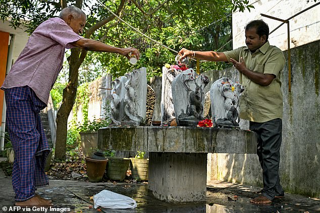 Villagers offering prayers for JD Vance's victory, at a Sai Baba temple in Vadluru, the ancestral village of the parents of Vance's wife, Usha.