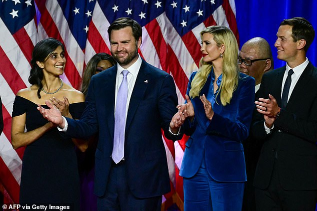 Usha Vance with her husband JD alongside Ivanka Trump and her husband Jared Kushner on election night