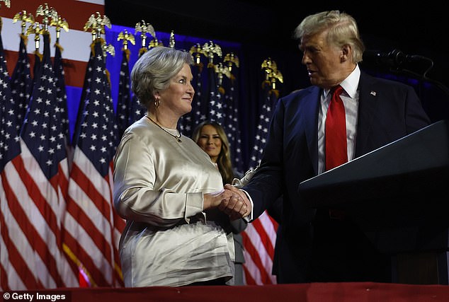 Republican presidential candidate former US President Donald Trump praises his senior campaign advisor Susie Wiles during an election night event at the Palm Beach Convention Center.