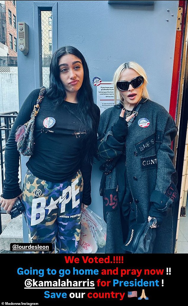 The seven-time Grammy winner was feeling very hopeful about a female president after voting for Kamala Harris in Manhattan on Tuesday alongside her 23-year-old daughter Lourdes León.