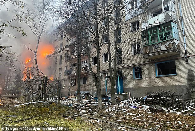 A residential building on fire after a missile attack in Mykolaivka, Donetsk region, today