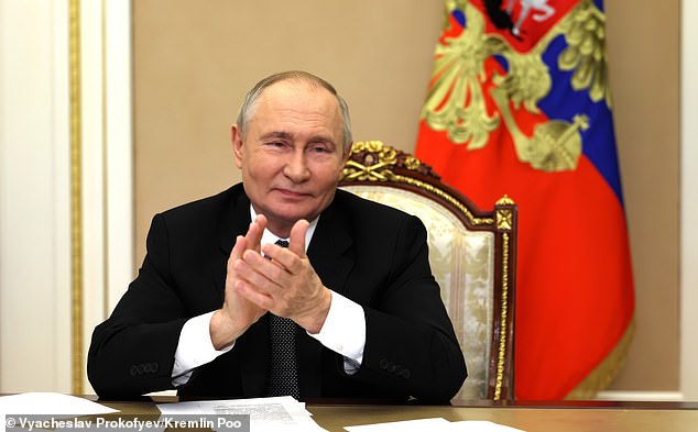 Russian President Vladimir Putin is pictured in the Kremlin during a remote ceremony to launch the Arktika-class nuclear icebreaker Chukotka on November 6.