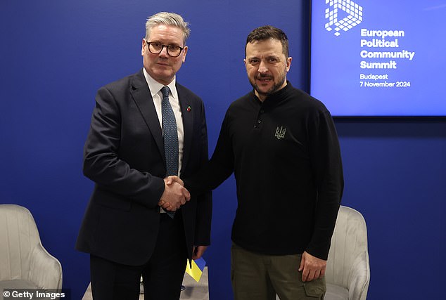 Keir Starmer and Zelensky shake hands during the 5th summit of the European Political Community in Budapest