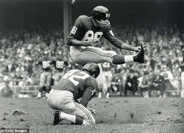 Summerall was a kicker for the Giants (seen above), Lions and Cardinals for 10 seasons.